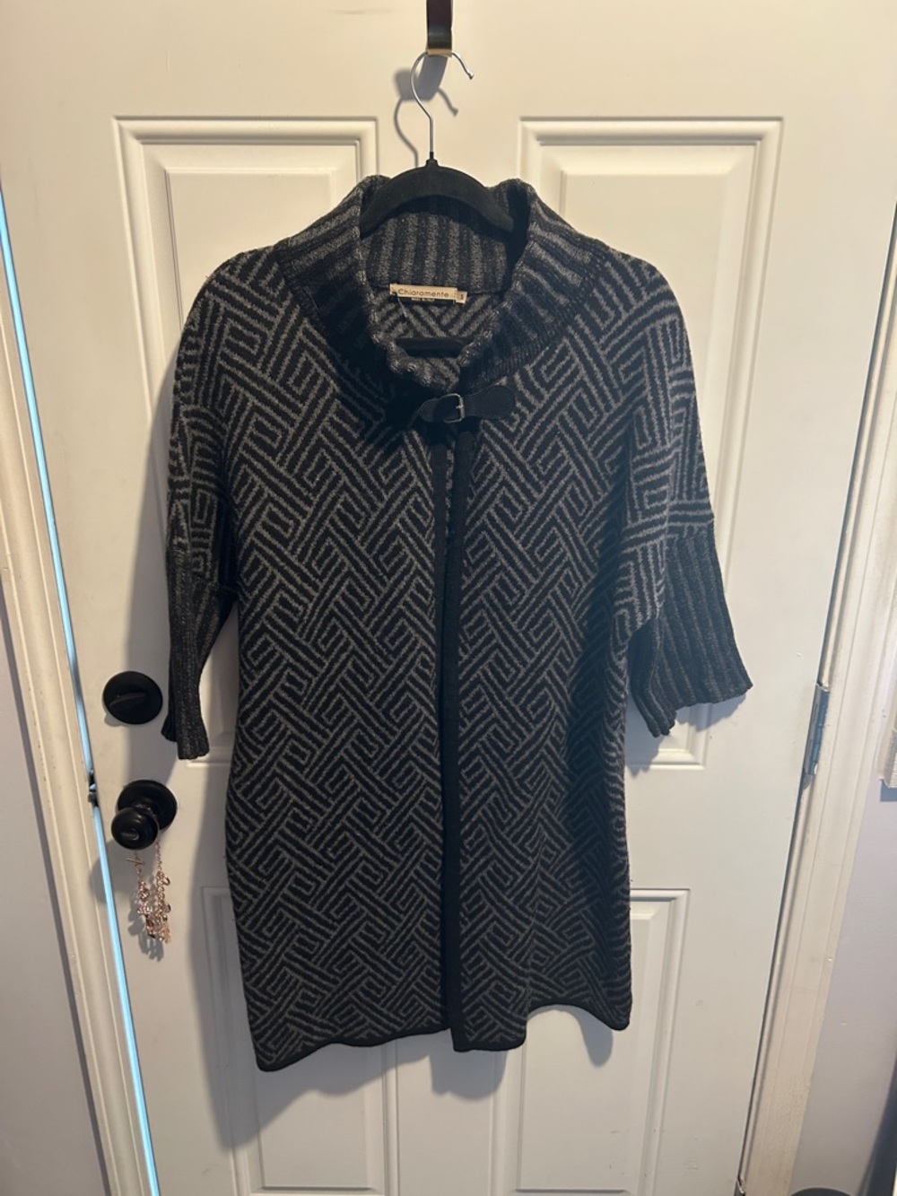 Geometric Black & Gray Longline Knit Cardigan with Shawl Collar